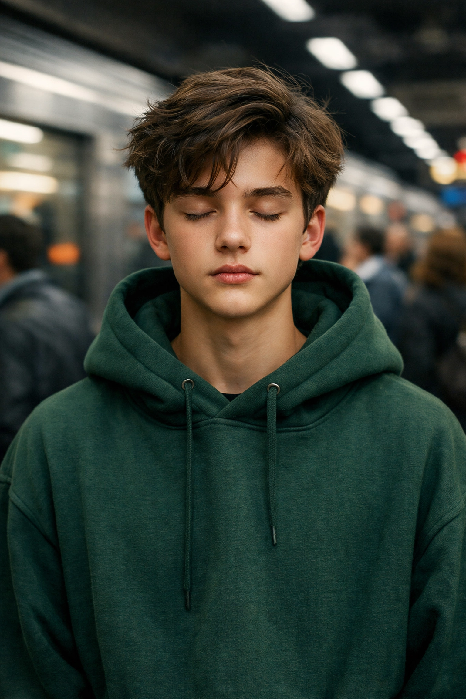 Teenager wearing a weighted sensory friendly hoodie to provide proprioceptive input in a busy space.