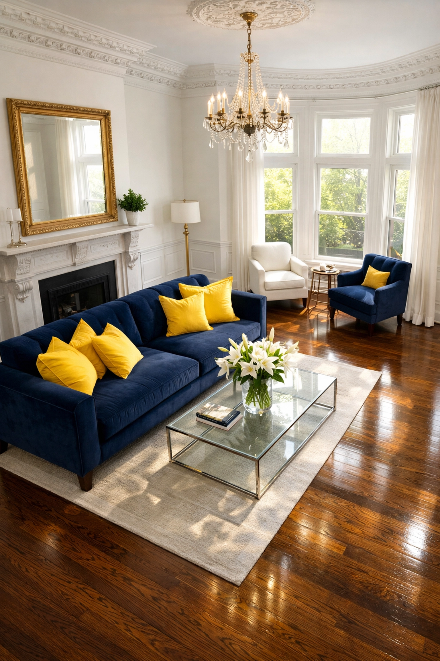 Luxury house cleaning in Cambridge MA featuring a pristine living room with polished wood floors.