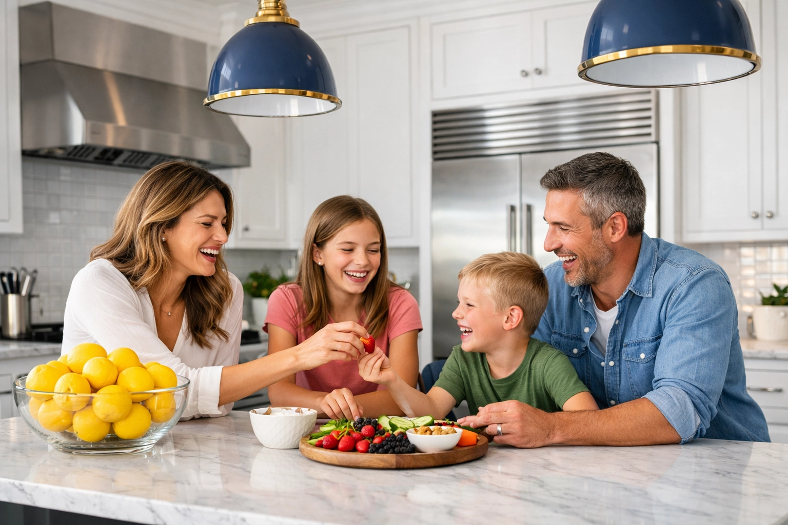 A happy family in a sparkling clean kitchen after stress-free weekly house cleaning Wayland MA.