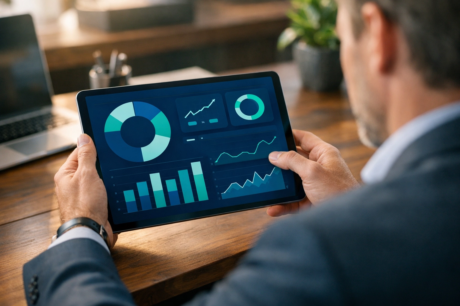 A business owner reviewing gas quotes and energy consumption on a digital dashboard in a modern office.