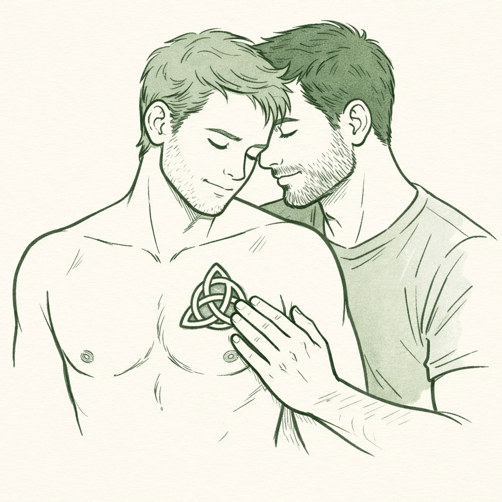 Two men embracing showing trinity knot tattoo over heart in gay romance illustration