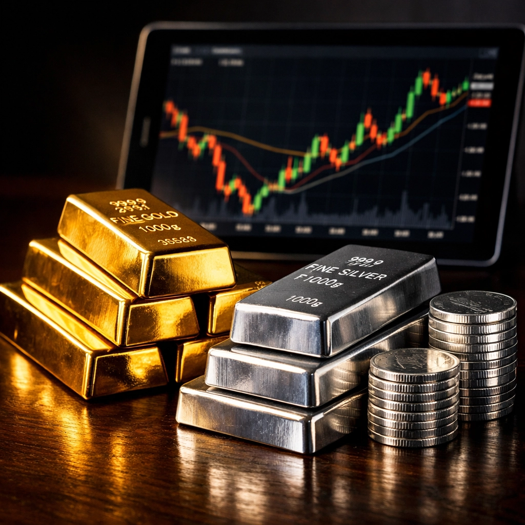 Gold and silver bullion with volatile stock market charts on tablet display