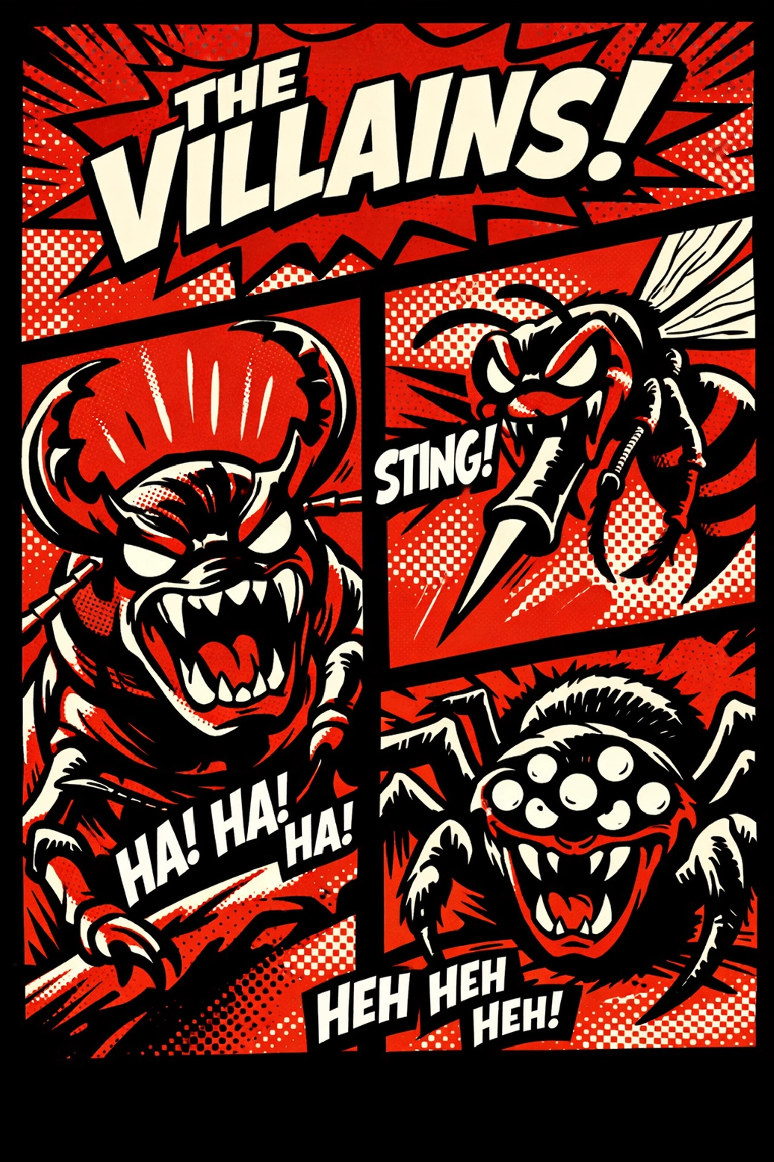 Cartoon villains representing common pests like beetles and wasps in Walker County AL homes.