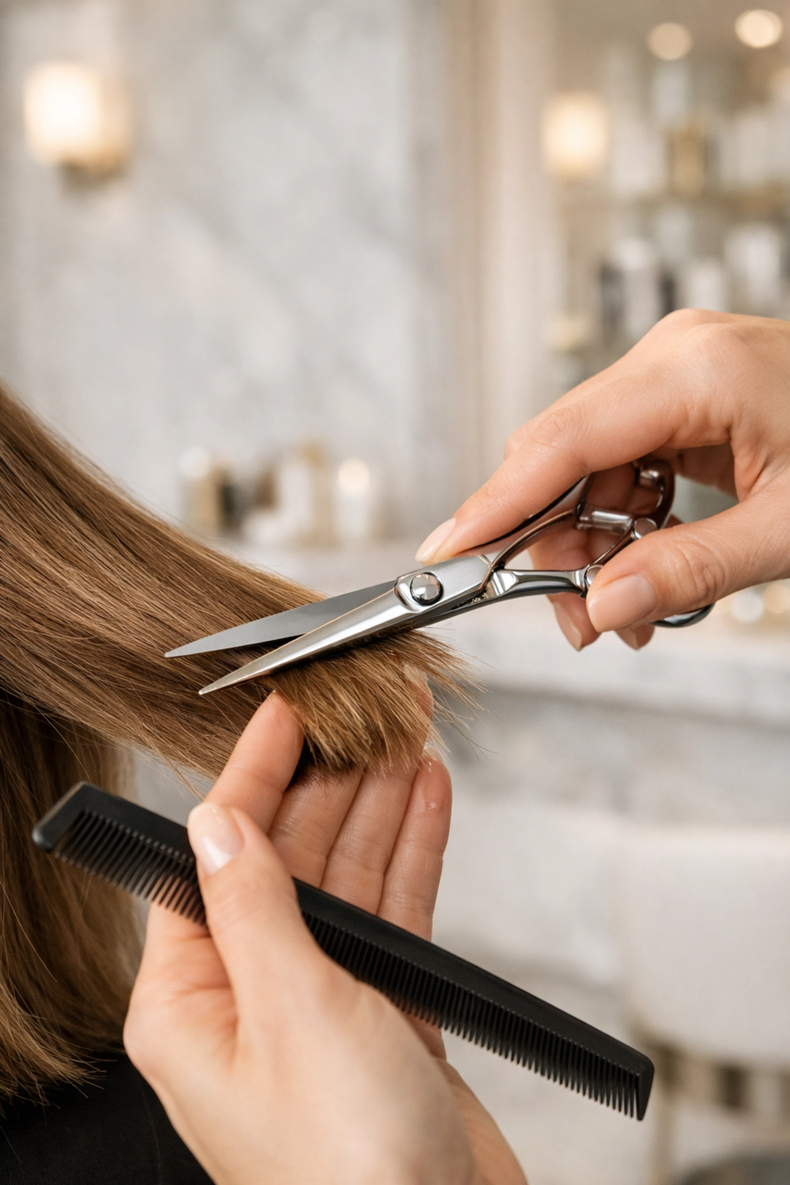Professional hair stylist performing a precision cut at The Color Lounge in Concord NH.