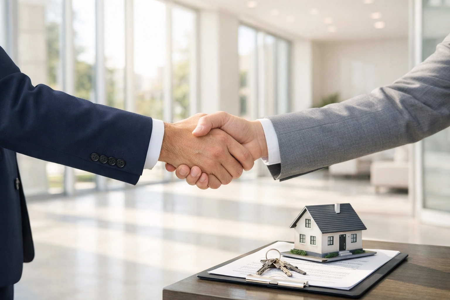 Professional handshake after successfully closing a bankruptcy liquidation real estate deal with title protection.