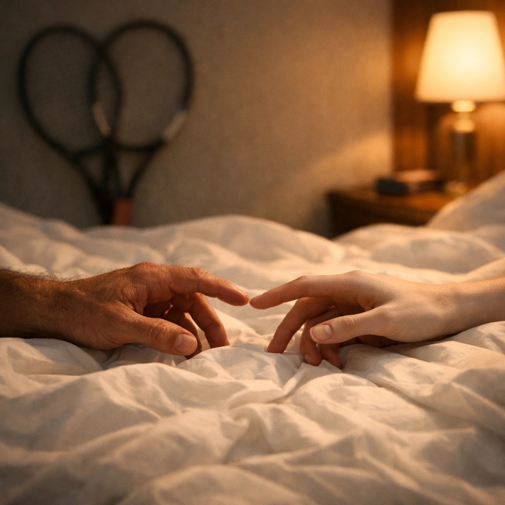 Intimate moment between Patrick and Art in Challengers showing emotional connection