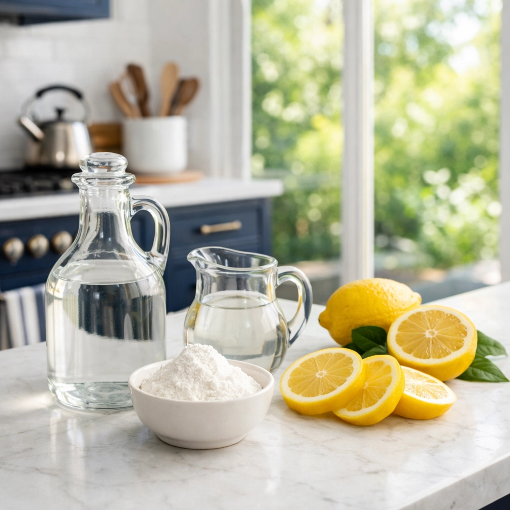 Natural ingredients like white vinegar and cornstarch for a DIY glass cleaner on a marble kitchen counter.