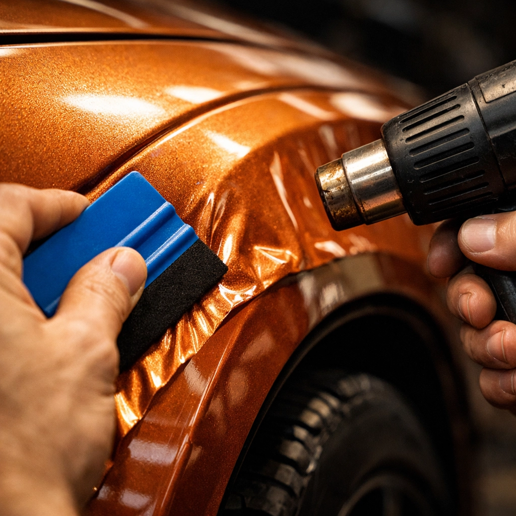 Technician applying vinyl wrap to car panel using heat gun and squeegee