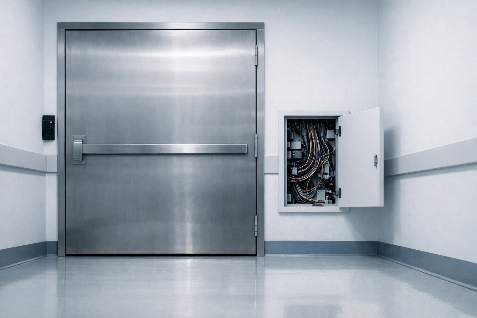 An unlatched service panel next to a locked hospital door, symbolizing third-party vendor security vulnerabilities.