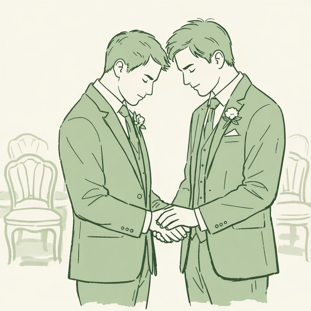 Two grooms holding hands at gay wedding ceremony with empty chairs symbolizing family rejection