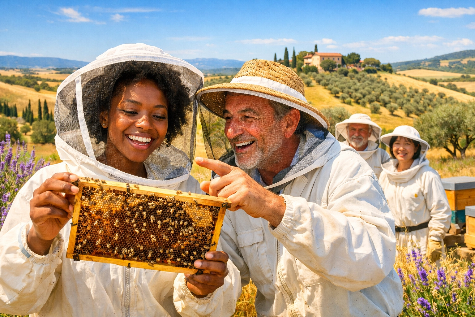 Travelers learning beekeeping in Tuscany Italy as part of custom travel itinerary experience