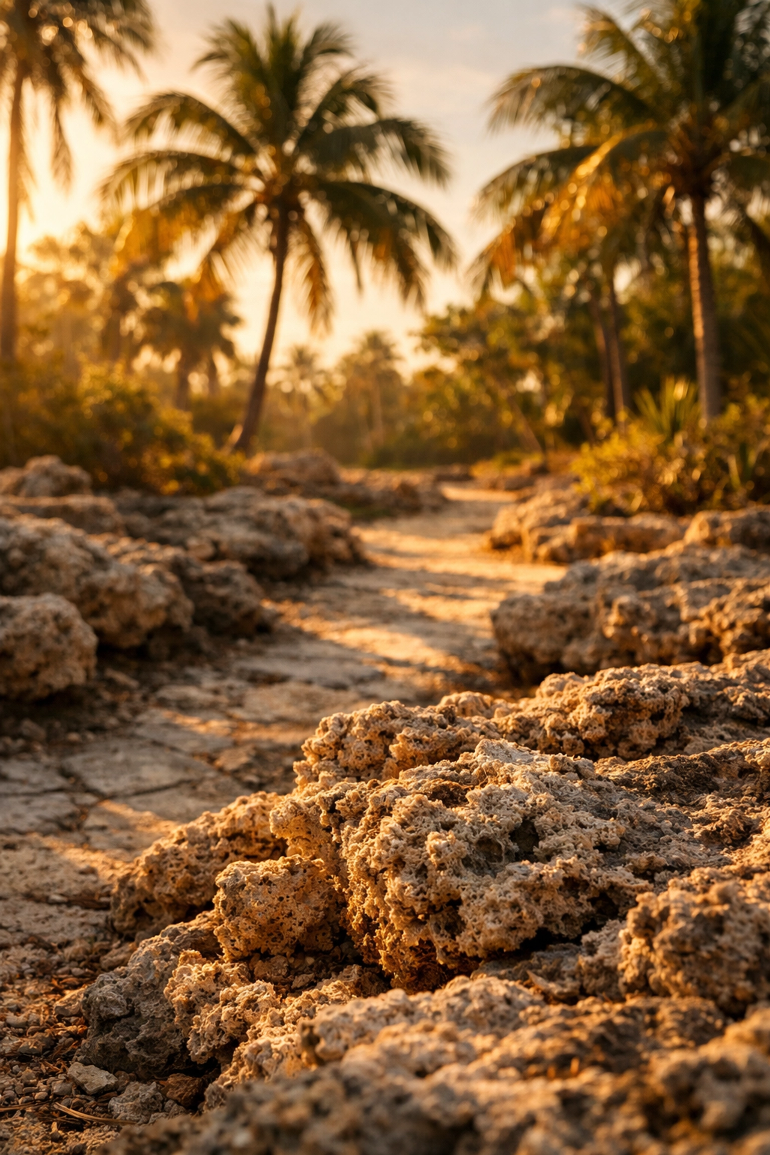 Coral rock pathways lined with palm trees at Matheson Hammock Park during golden hour