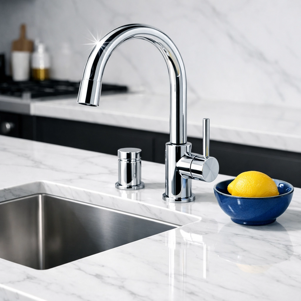 Sparkling marble countertops and polished faucet from expert residential cleaning in Wenham luxury kitchens.