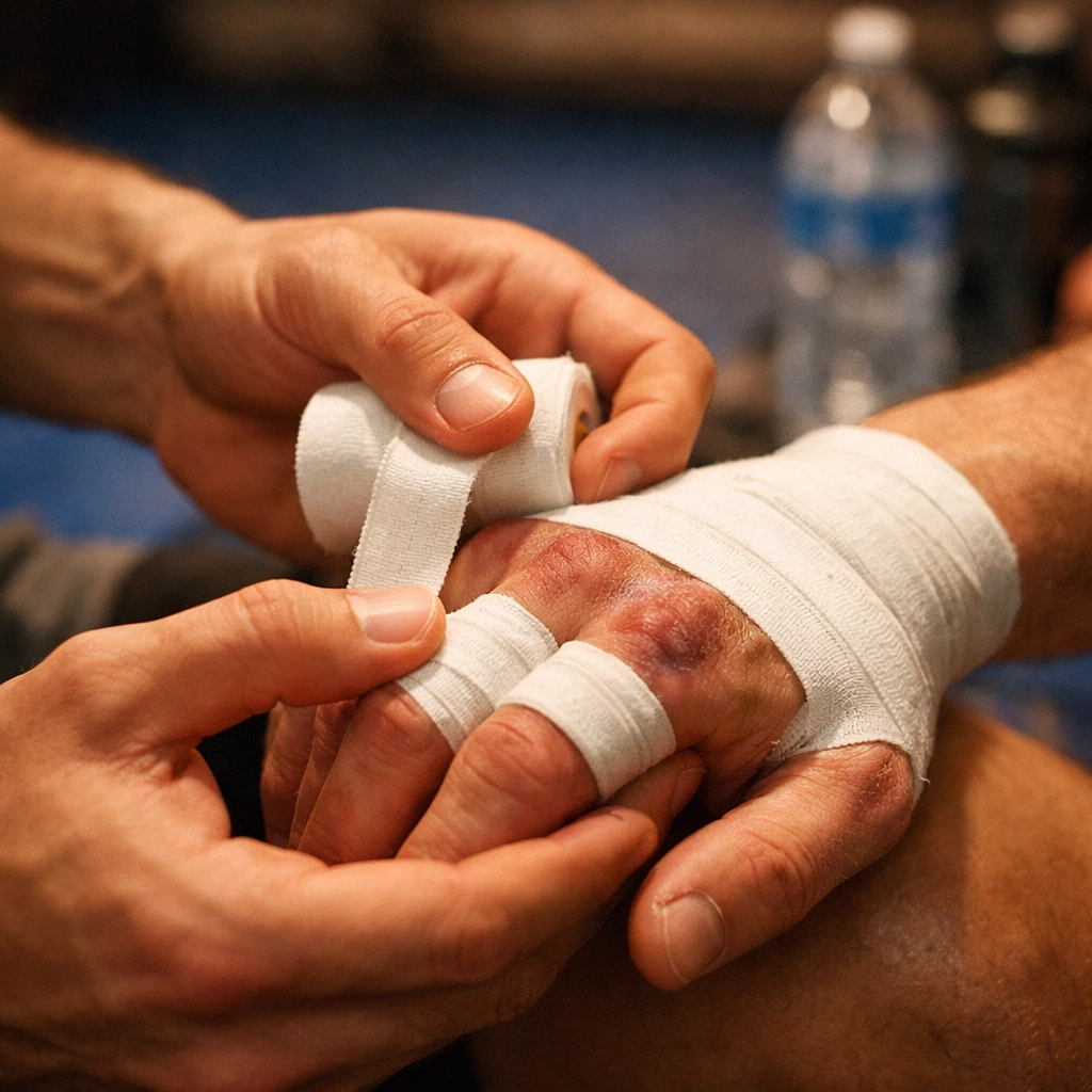 Intimate moment of care as one man wraps the other's bruised hands, showing trust in gay romance