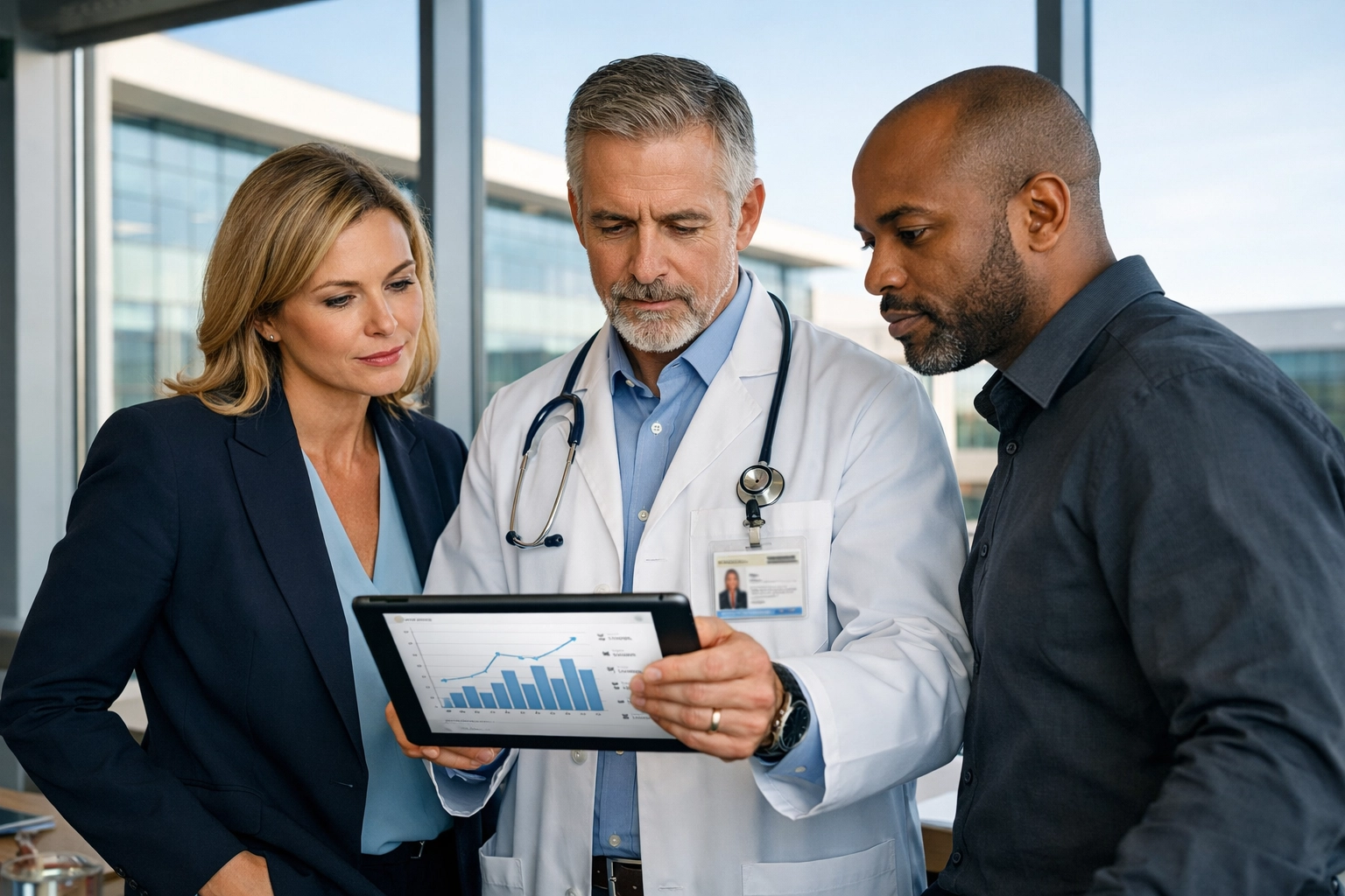 Hospital administrators and a doctor analyzing digital health data to improve healthcare IT strategy and ROI.