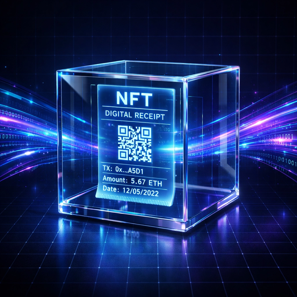 NFT receipt hologram surrounded by blockchain data representing permanent transaction records