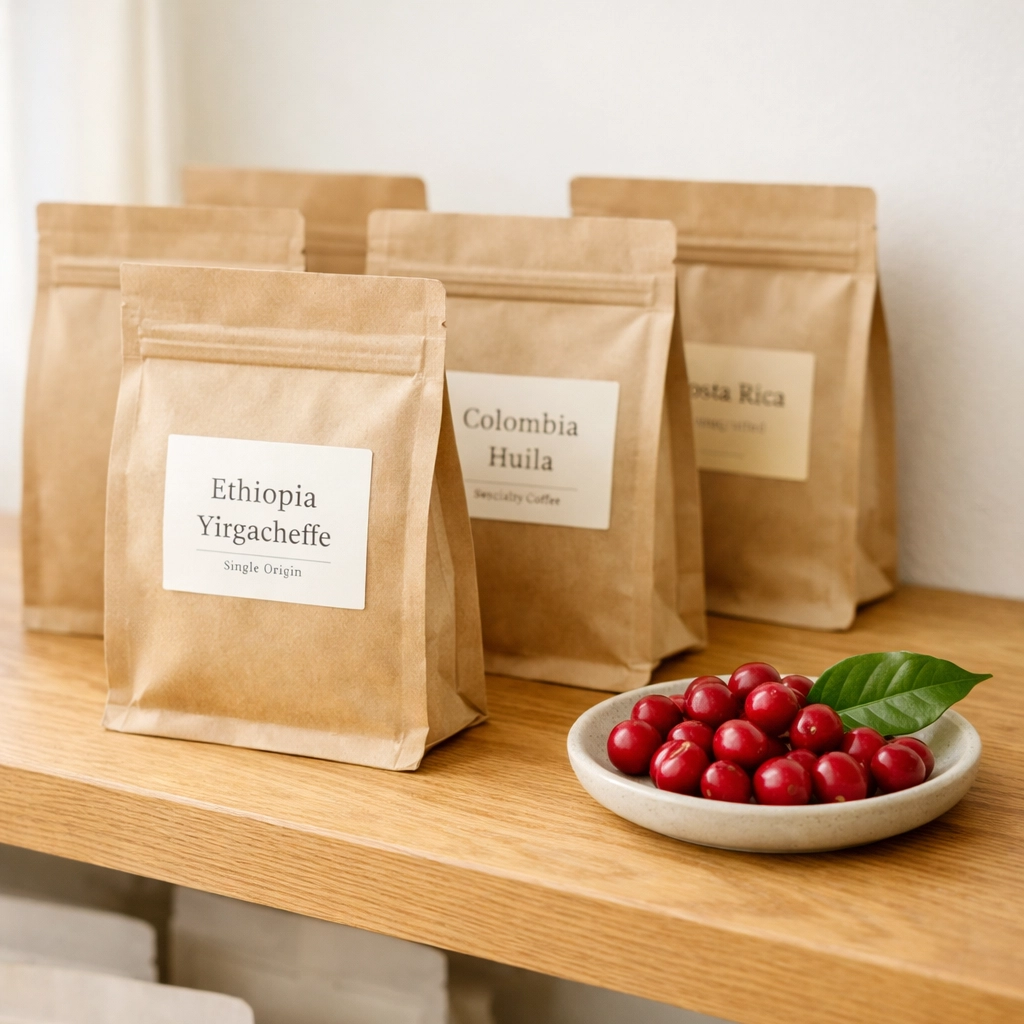 Minimalist retail coffee bags on a shelf representing white label and seasonal wholesale coffee offerings.