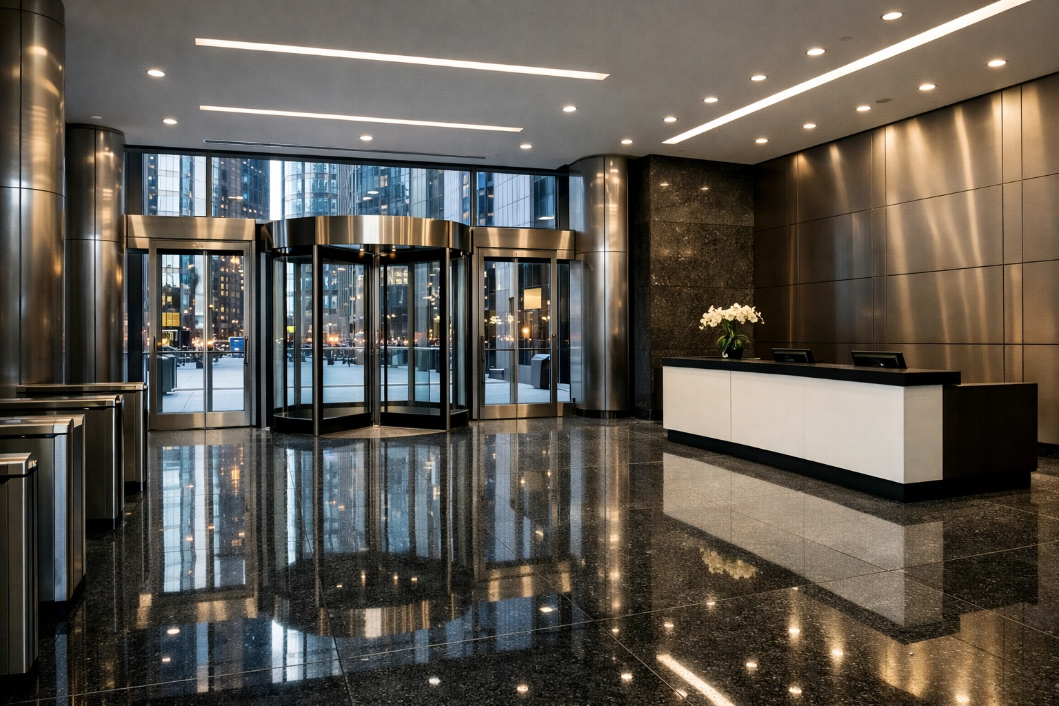 Polished granite floors in a professional Chicago commercial building lobby showcasing deep cleaning standards.