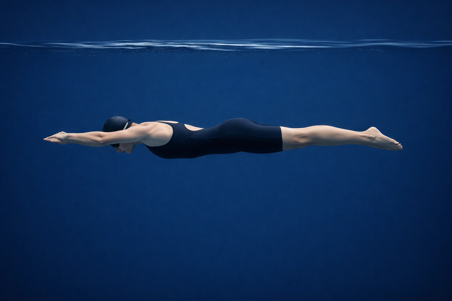 Professional swimmer in a perfect underwater streamline position during the fifth stroke phase.