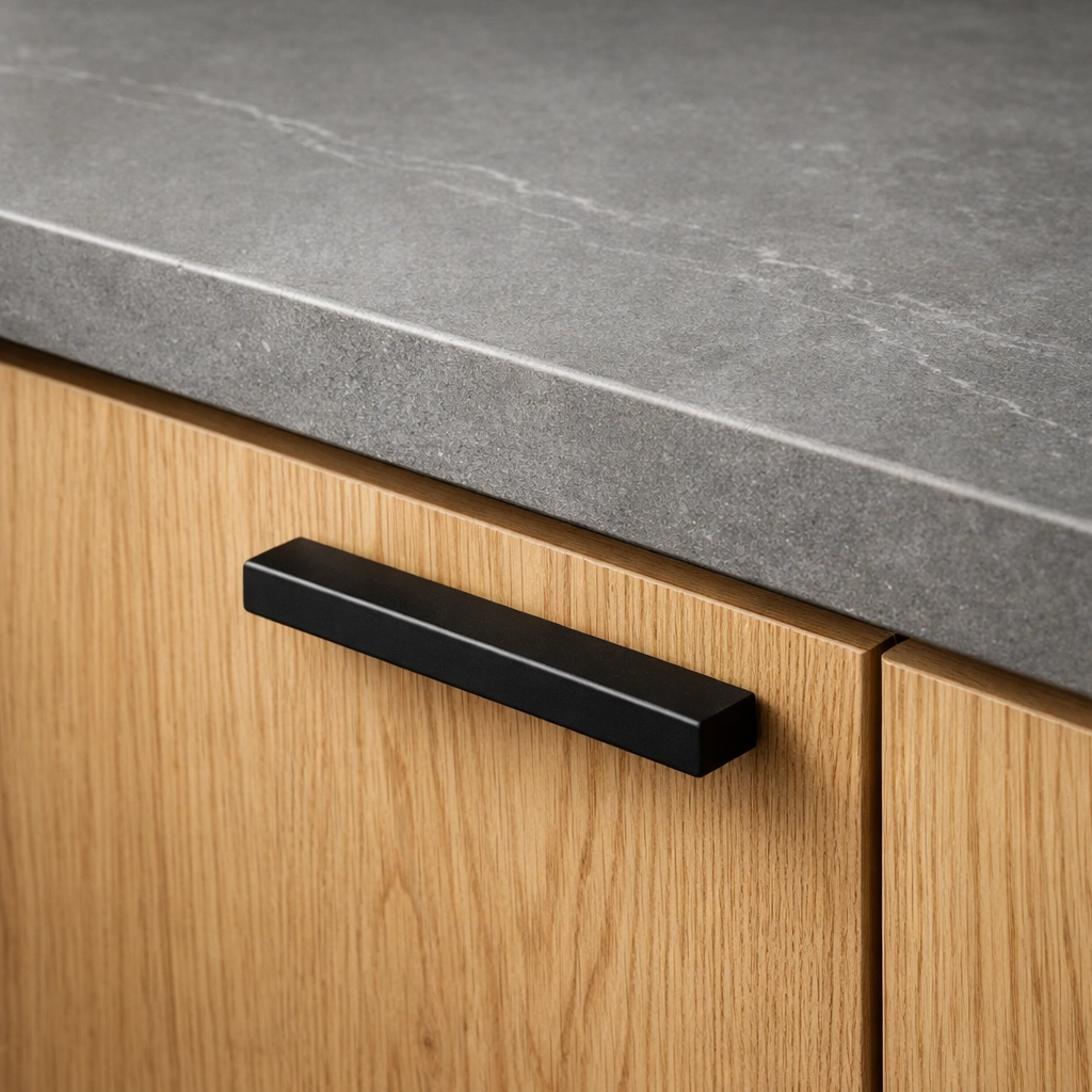 Close-up of premium grey quartz countertops and custom oak cabinetry for a high-end kitchen remodel.