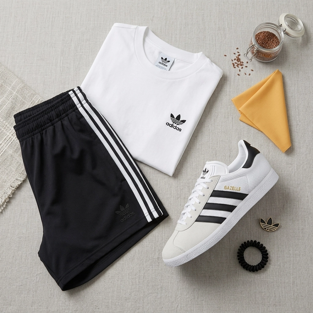 Flat lay of Adidas athletic outfit and Gazelle sneakers