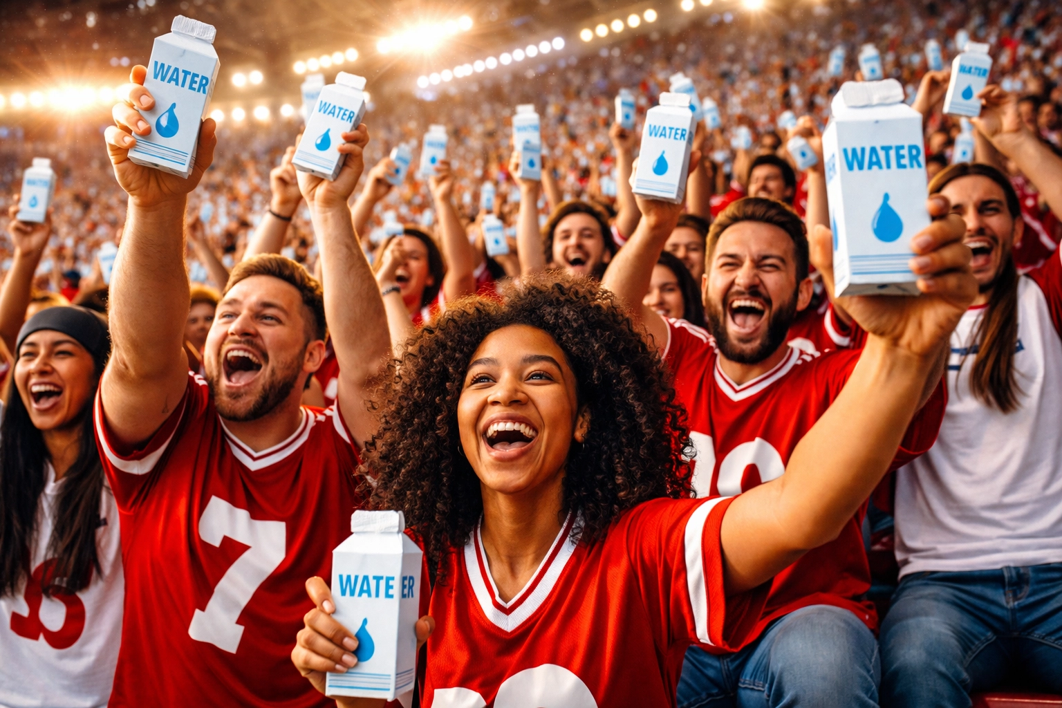 Excited sports fans hold branded Waterbox cartons, supporting eco-conscious hydration at stadium events
