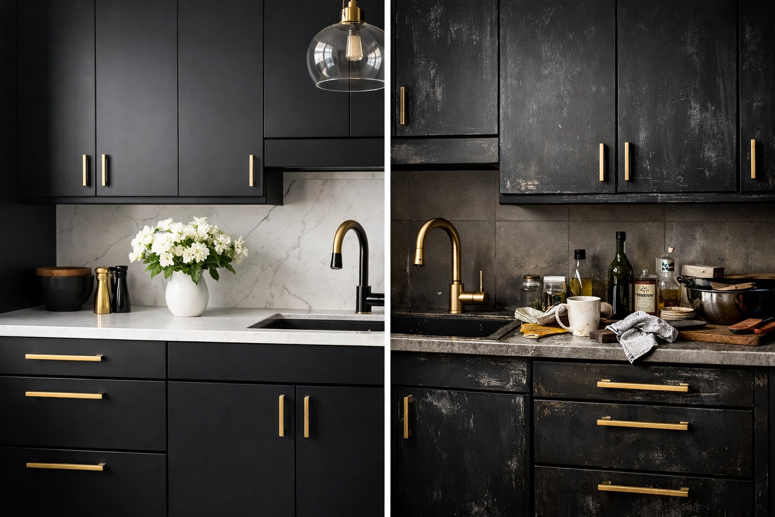 Split-view modern kitchen highlighting the difference between well-kept and worn rental conditions, stressing baseline inventory records.