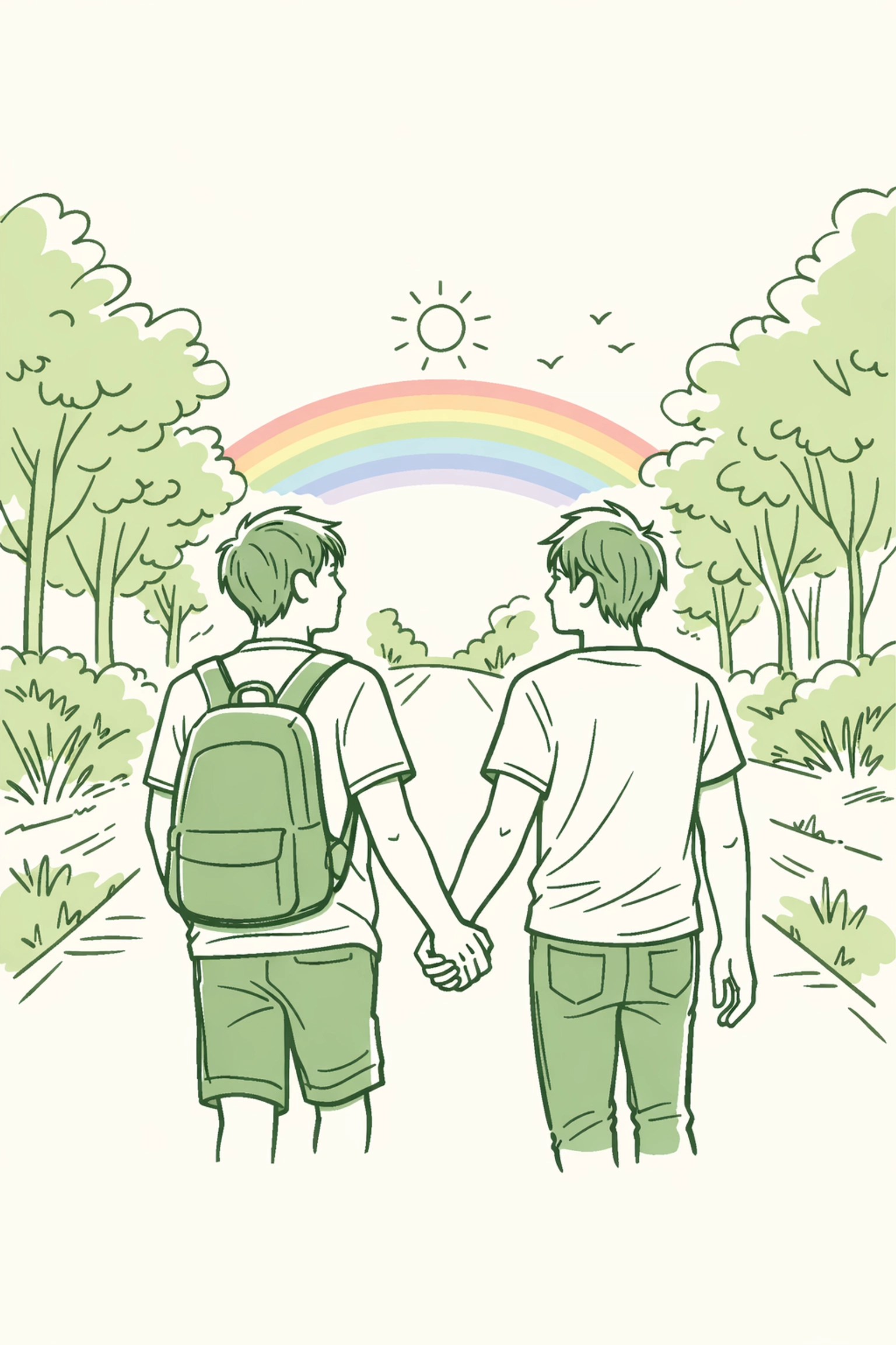 Young gay couple holding hands walking forward symbolizing LGBTQ acceptance
