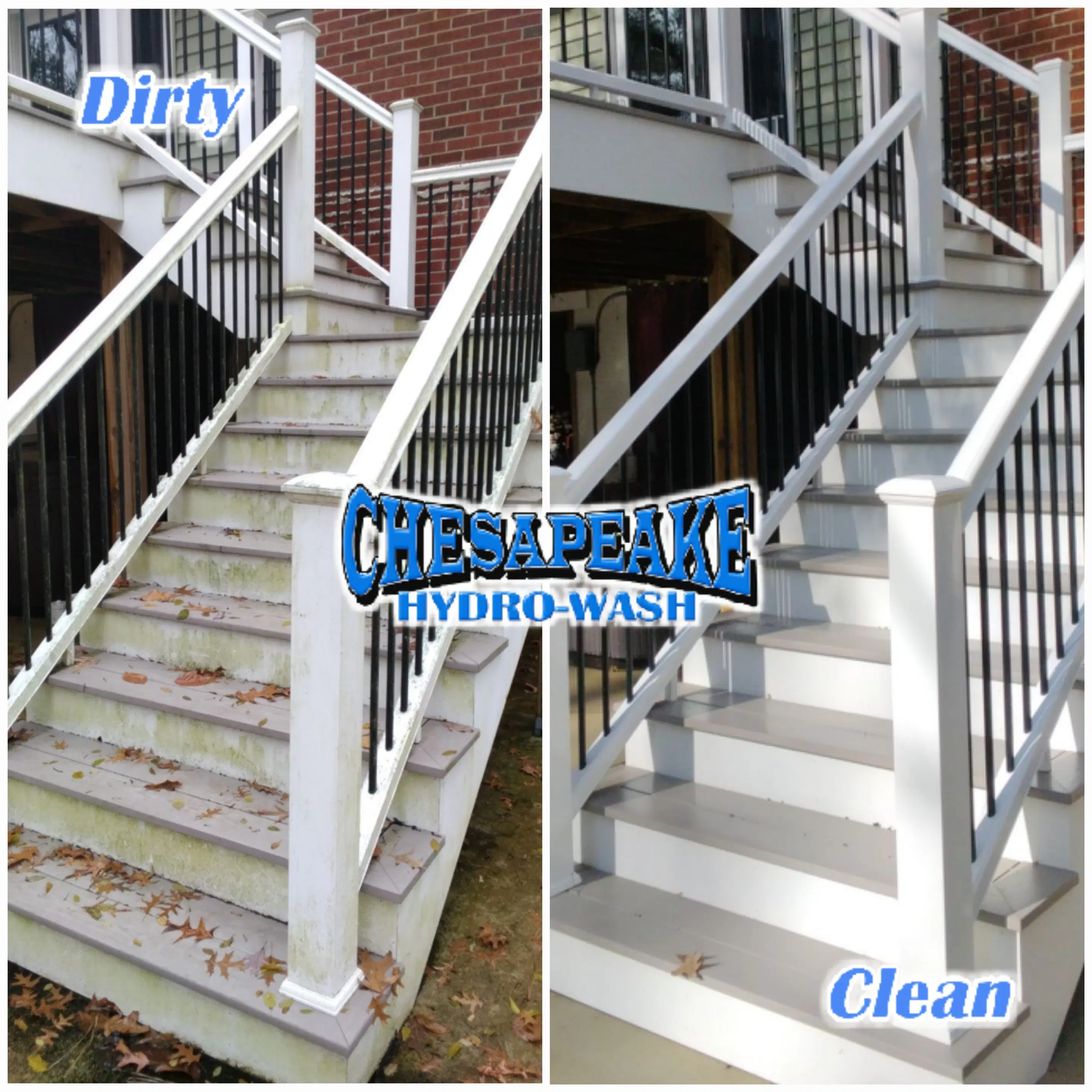 A Chesapeake Hydro-Wash technician in uniform professionally cleans an exterior residential window with a mop-style tool, ensuring a streak-free finish. The technician’s detail-focused approach reflects commitment to spotless, sparkling windows and customer satisfaction. Cleaning supplies are visible on the technician’s belt, emphasizing readiness and efficiency.