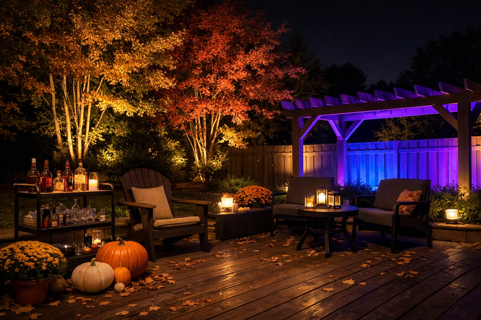 Backyard patio with outdoor lighting and fall decor for Keeneland entertaining in Central Kentucky