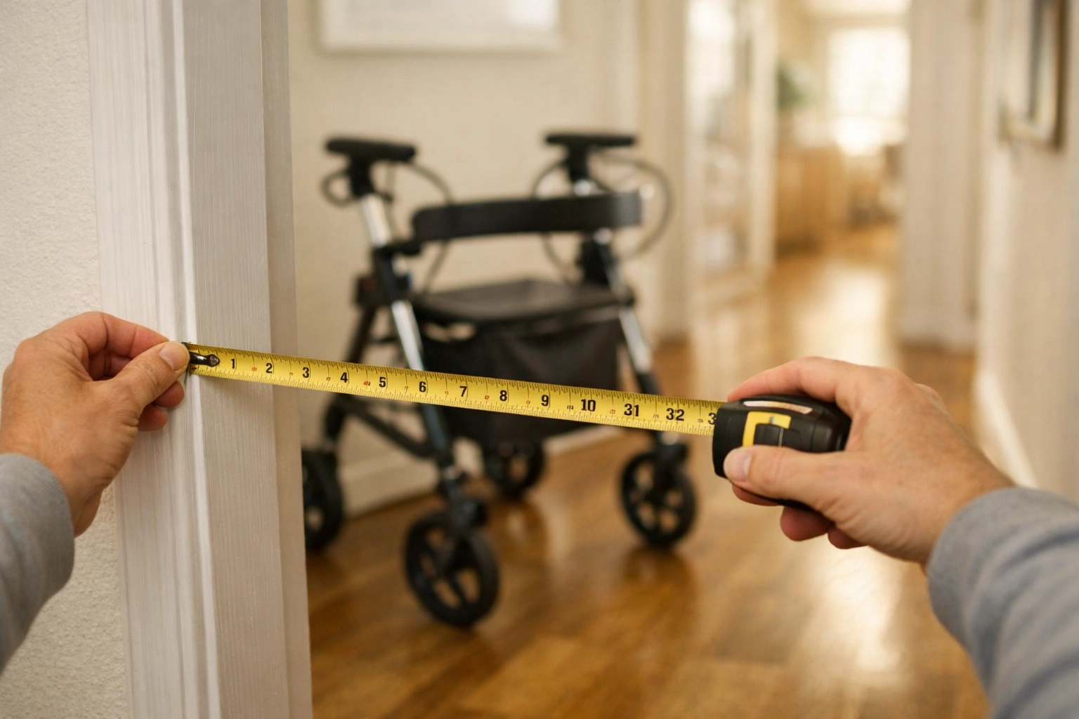 Caregiver measuring doorway width for walker clearance during a home mobility assessment.