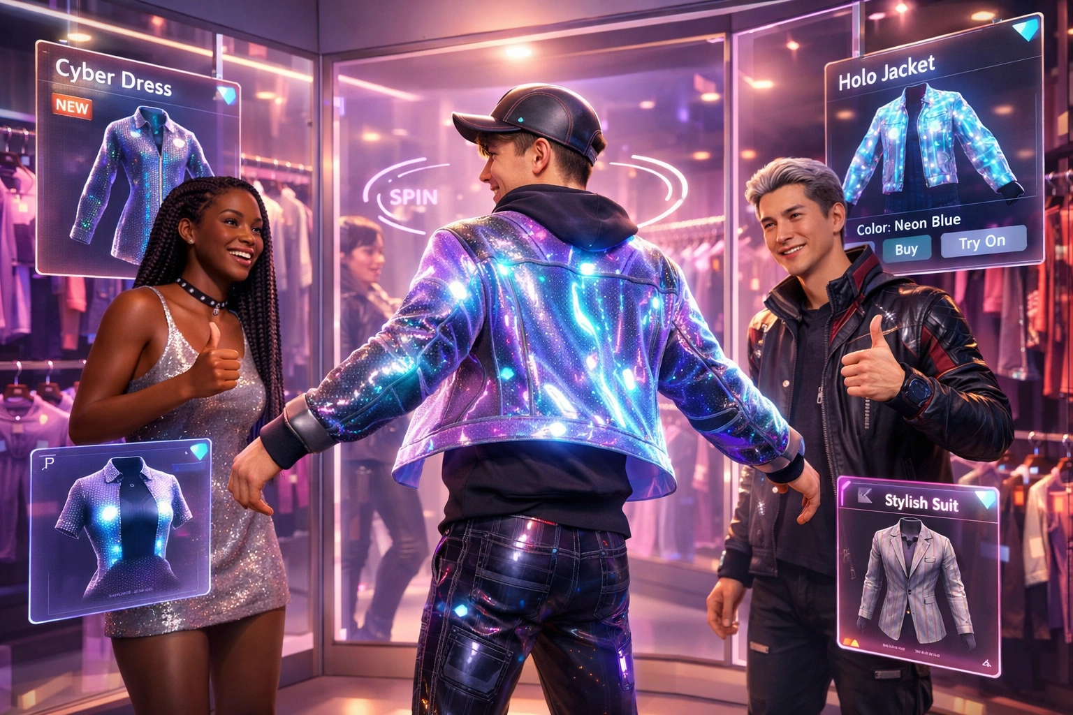 Avatars trying on digital clothing in virtual reality fitting room with friends in metaverse