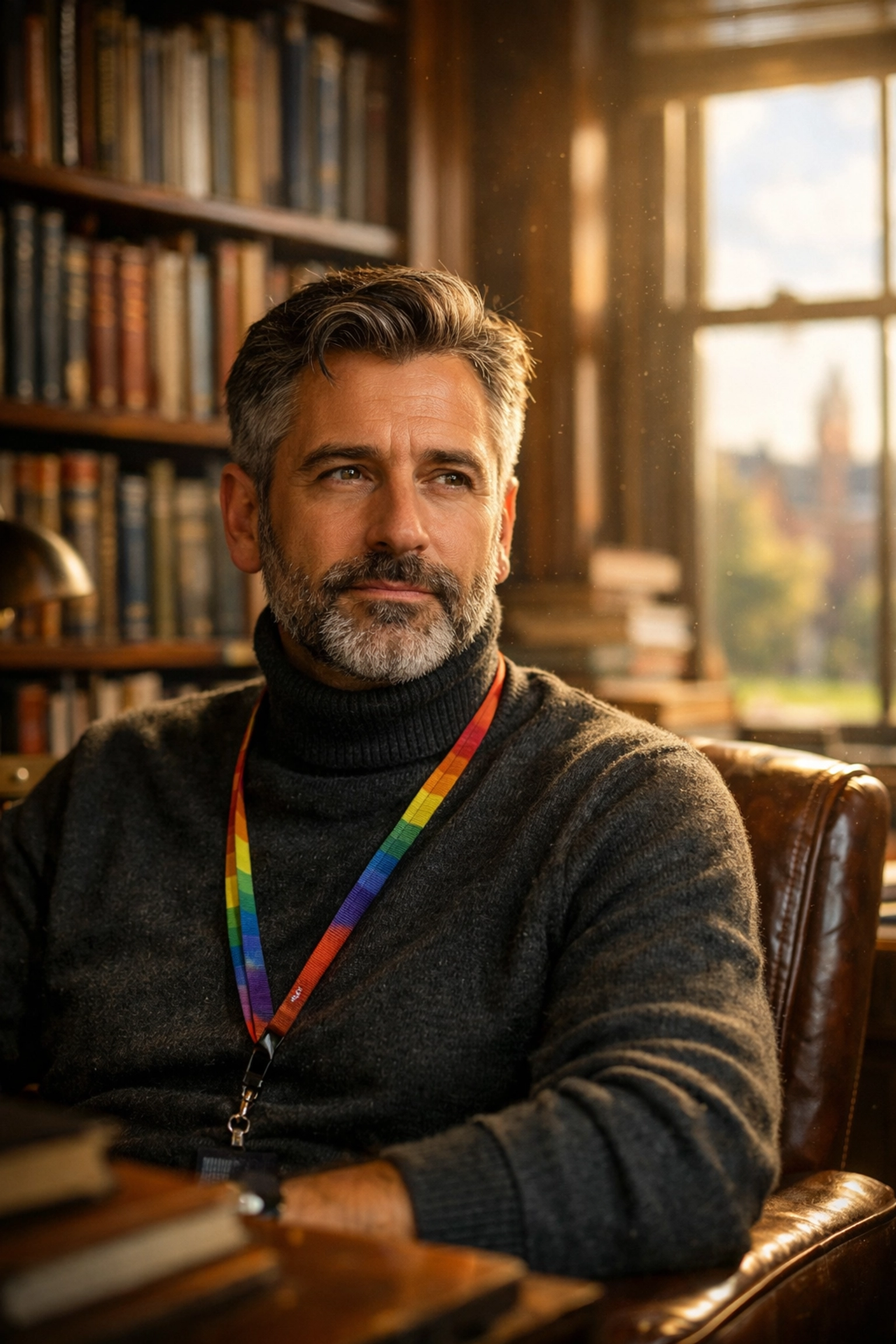 A gay professor in a university office, reflecting on the experience of being queer in academia.