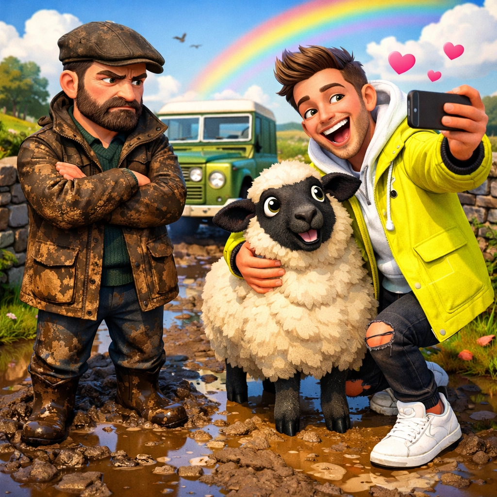 A grumpy farmer and cheerful city man meet in a muddy lane, a classic grumpy x sunshine MM romance trope.