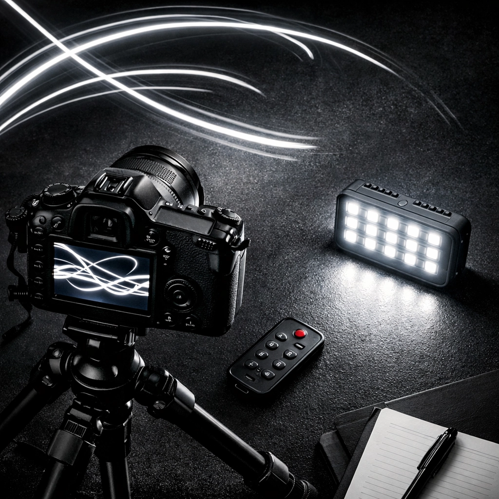 Light painting photography setup with remote-controlled flashlight and camera
