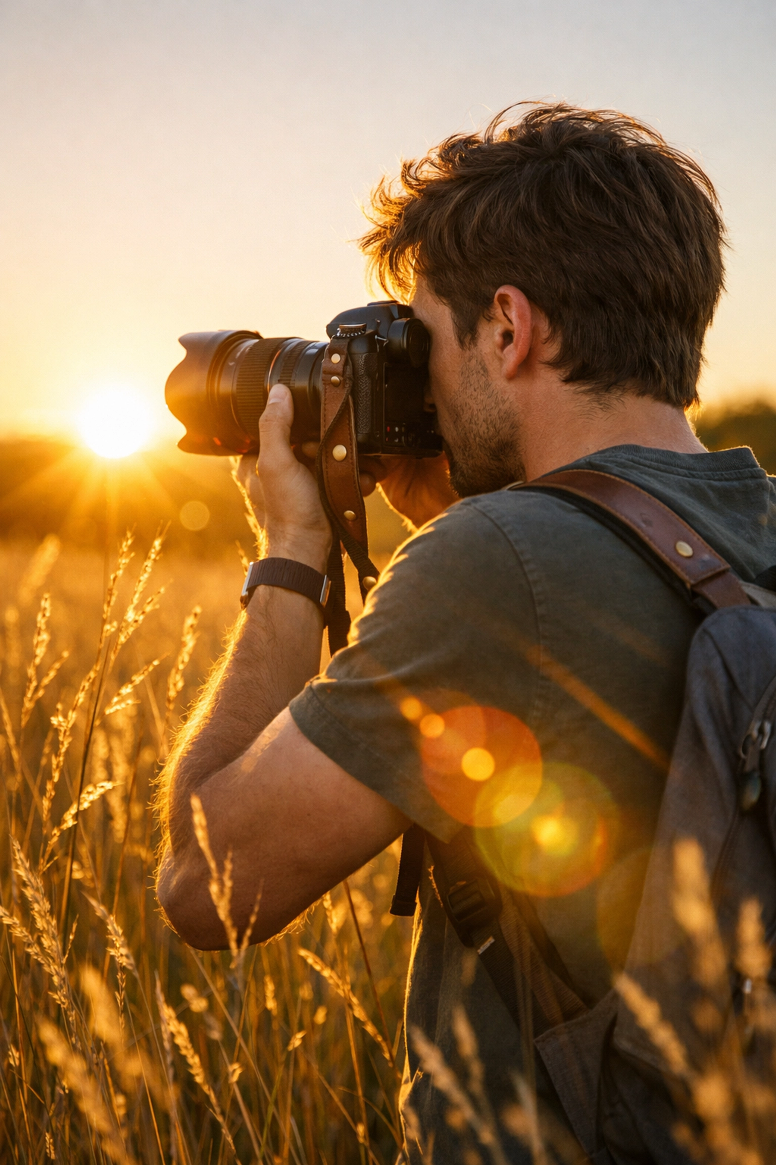 Photographer using a camera in a field at golden hour, learning to capture light effectively.
