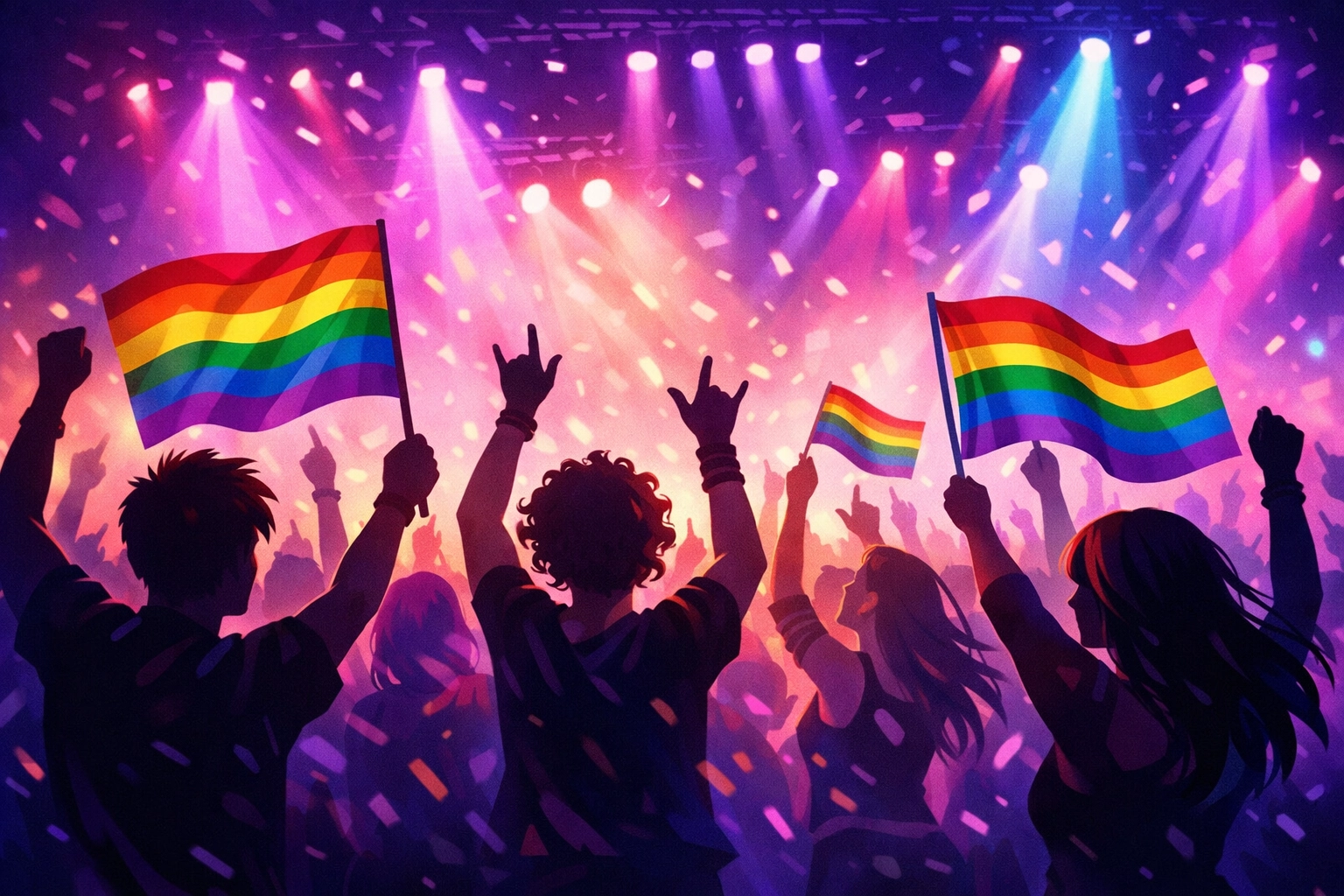 Gay fans celebrating at Britney Spears concert with rainbow pride flags and colorful lights
