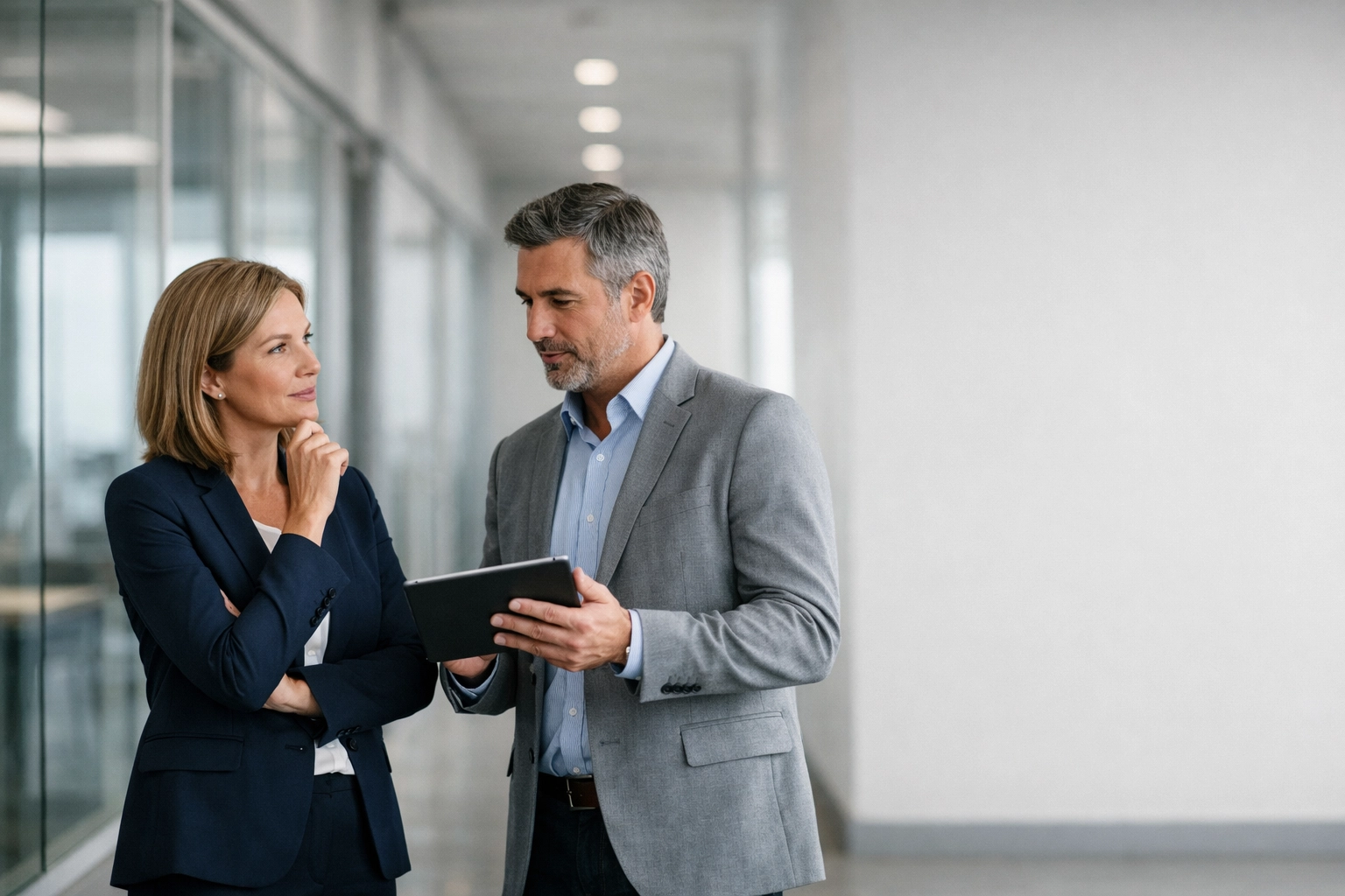 Two professionals discussing a plan in a modern glass-walled office hallway.