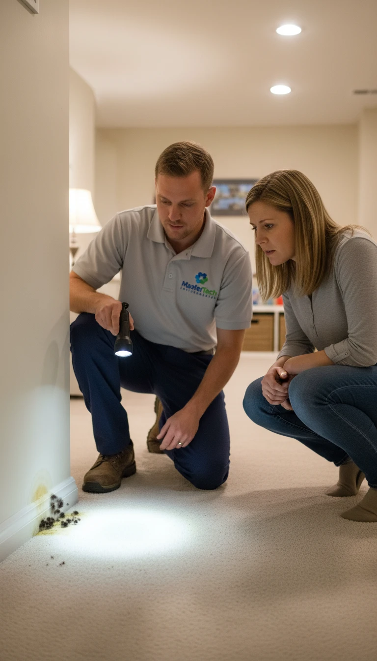 Realistic mold growth and water stains on drywall following fire damage in a Huntersville house. Realistic mold growth on water-damaged drywall near a baseboard. The mold appears as irregular, splotchy clusters of dark grey and dull green with a fuzzy texture, accompanied by a faint yellowish water stain or 'tide line' about six inches up the wall.