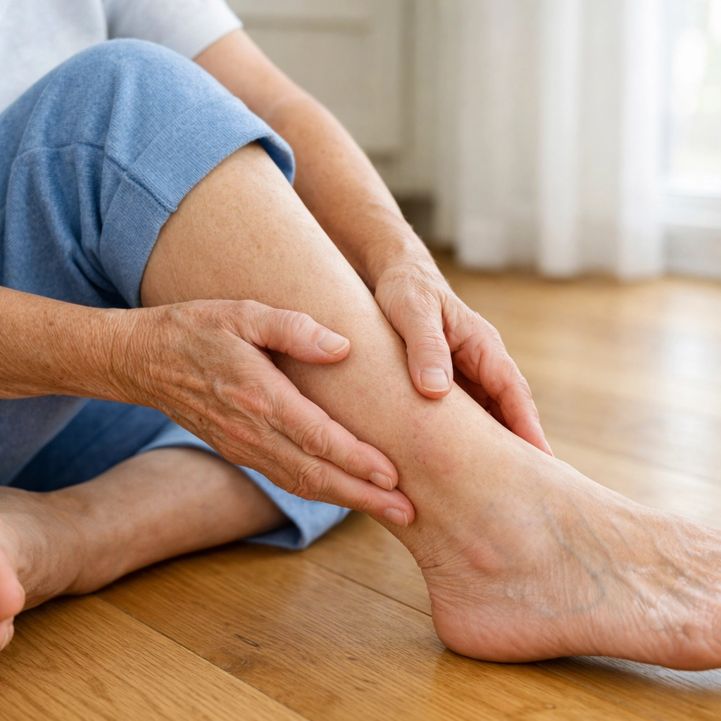 Elderly person checking leg for injuries after fall while seated on floor