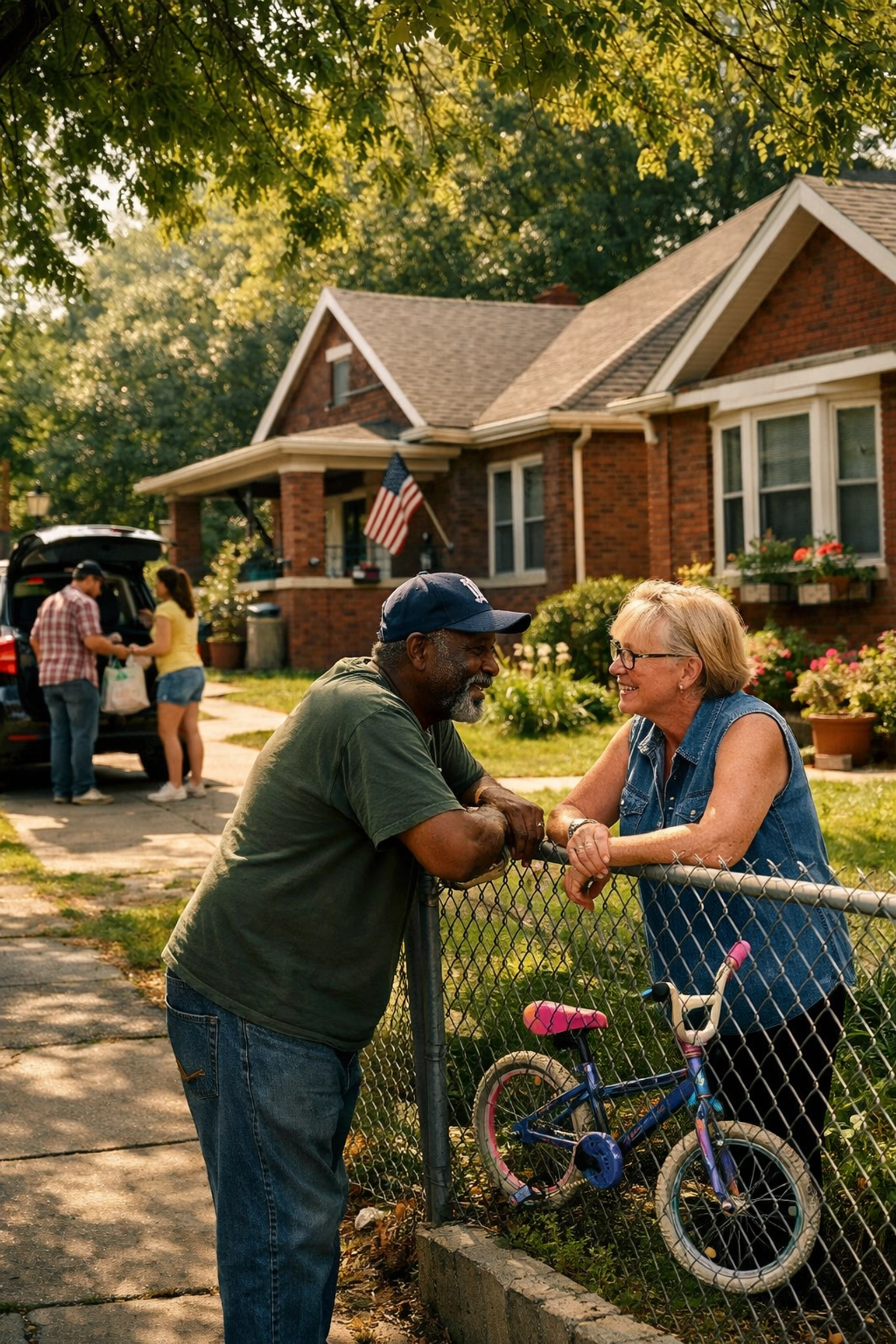 Neighbors talking between Detroit brick bungalows in a thriving, community-oriented neighborhood.
