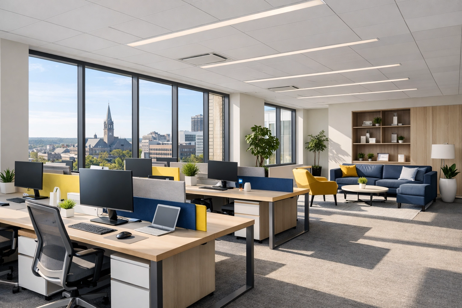 High ROI Worcester office cleaning results in a sun-drenched, minimalist and productive workspace.