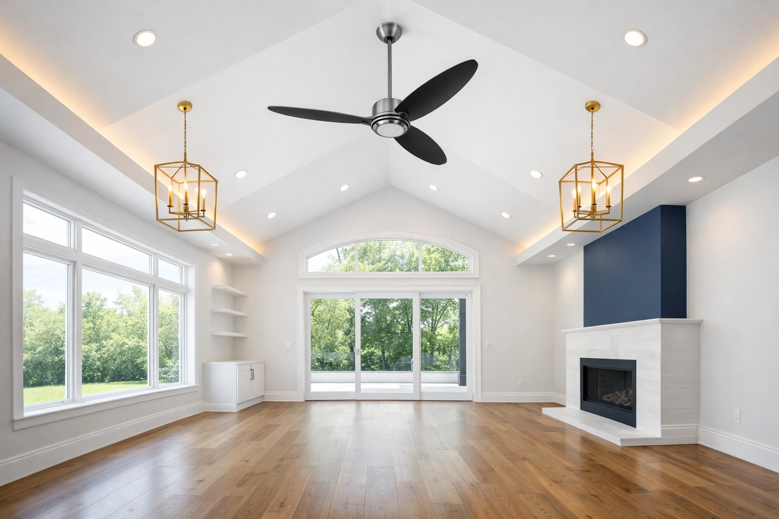 Clean ceiling fan in an empty modern living room, part of a top-down move-in cleaning strategy.