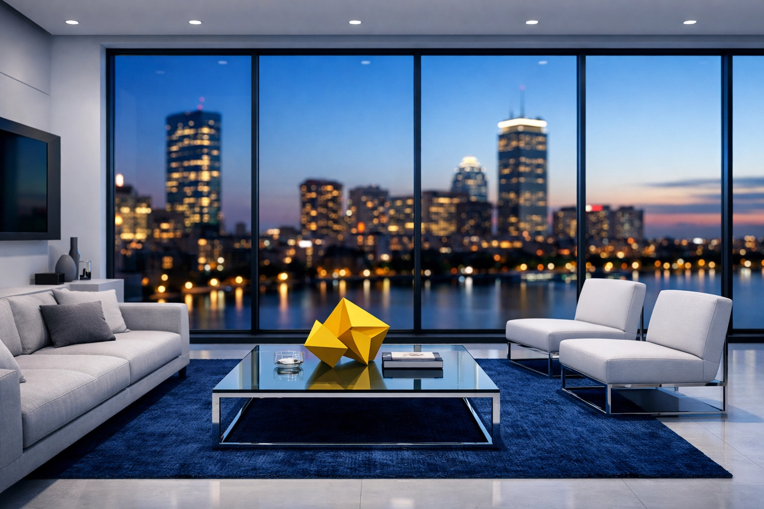 Luxury apartment cleaning in Boston showing a minimalist penthouse with smudge-free floor-to-ceiling windows.