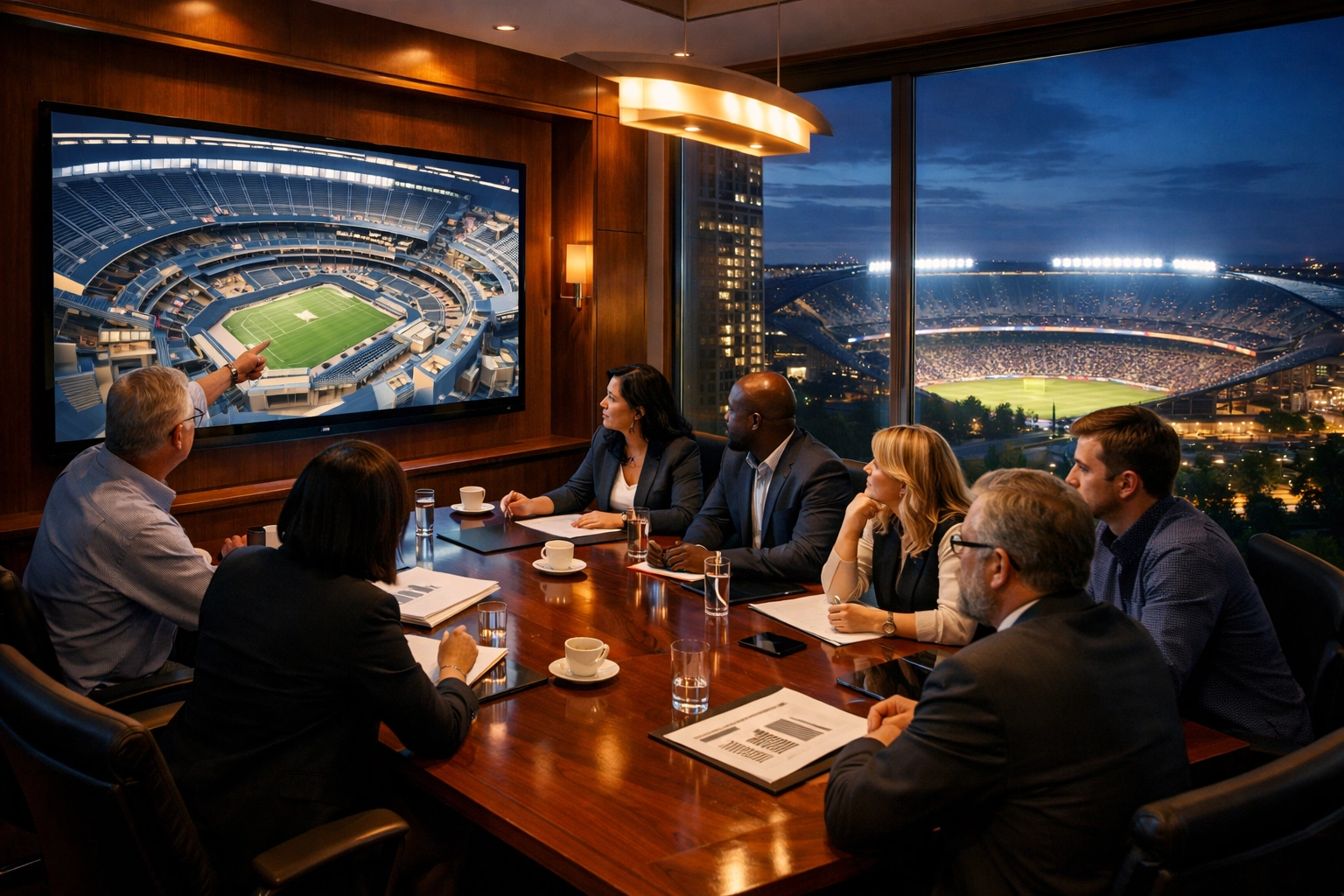 Executives analyze a digital twin model of a stadium during a strategic venue consulting session.