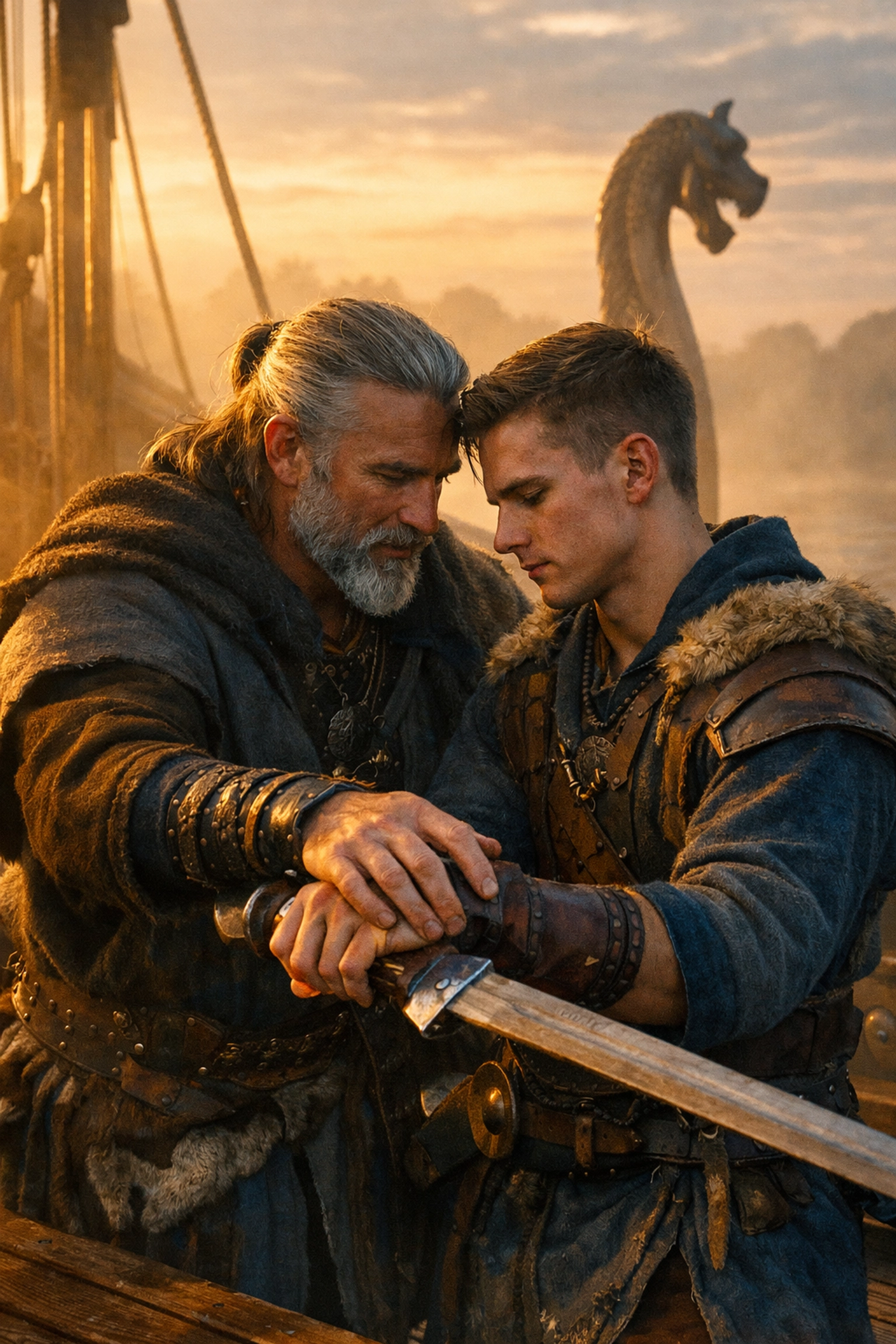 Viking warrior mentor teaching young recruit sword techniques on longship deck - gay historical romance