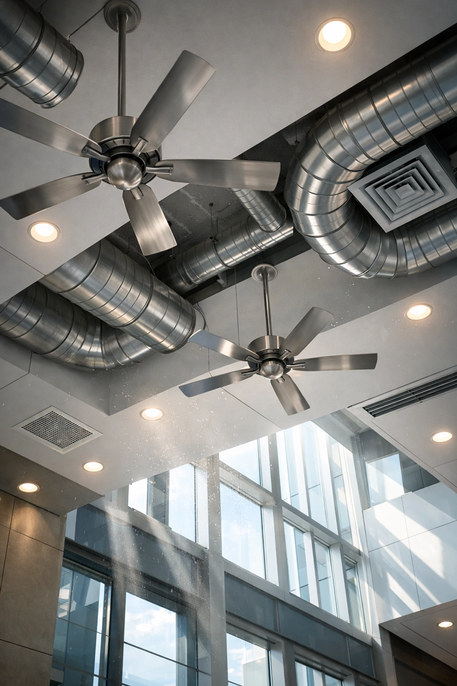 Ceiling fans and air vents in office building showing hard-to-reach areas needing professional cleaning