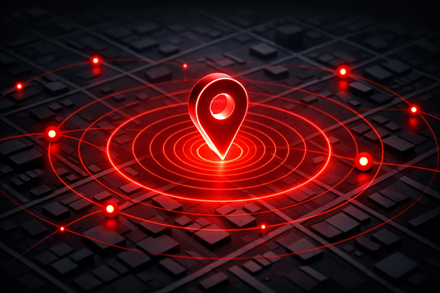 A glowing red map pin icon illustrating local SEO visibility and dominant brand presence on digital maps.