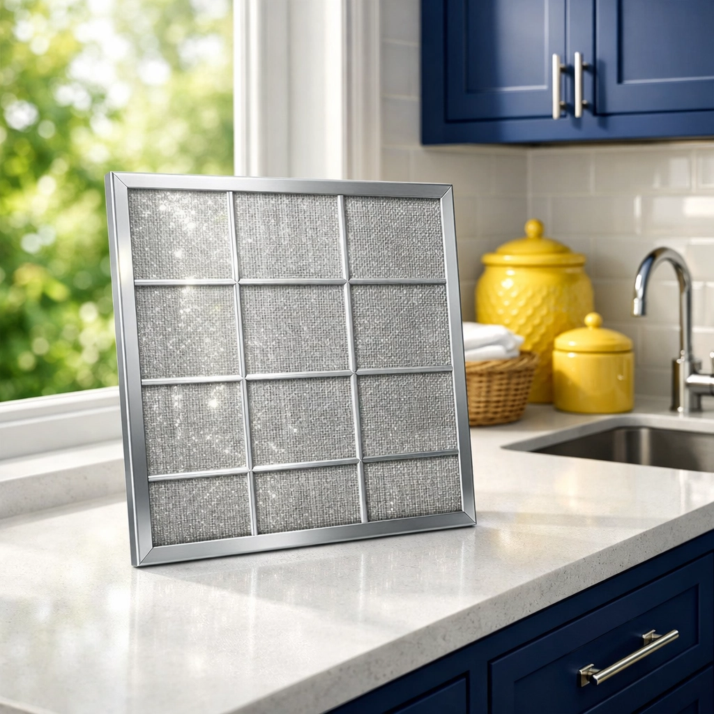 A clean reusable HVAC filter air drying on a countertop to prevent mold and ensure air quality.