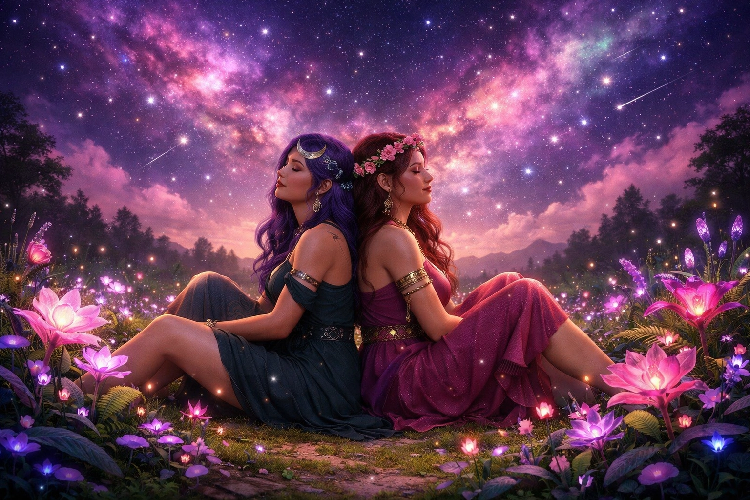 A lesbian couple in a mystical meadow, symbolizing the inherent sacredness of queer identity.